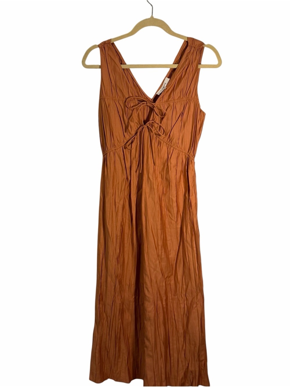 NWT FRAME Cinched V-Neck Crinkled Midi Dress in Terracotta